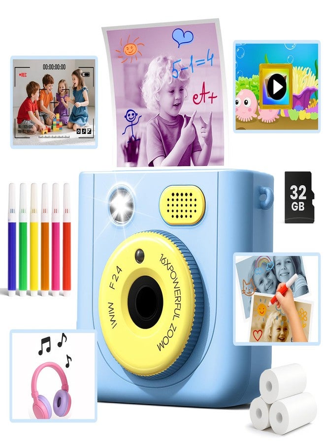 ROHSCE Kids Instant Print Camera, 48MP 1080P HD Digital Camera with Color & B&W Printing, 32GB Card & 3 Paper Rolls, Travel Toy for 3-12 Year Old Boys Girls, Christmas Birthday Gifts (Blue) - Image 1